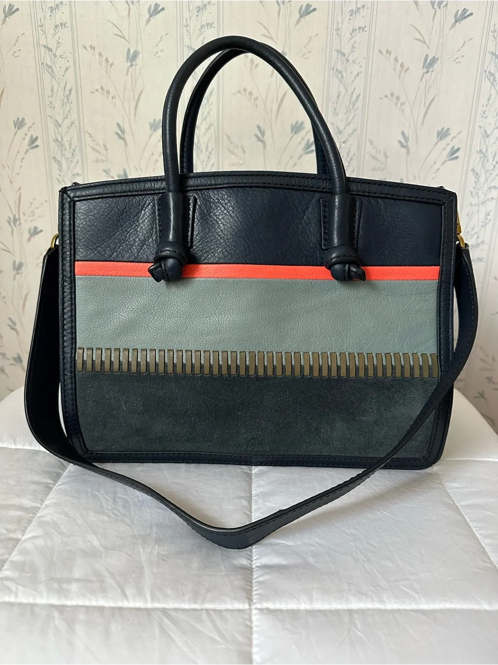Fossil Navy, Gray & Coral Leather Satchel